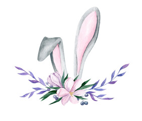 Watercolor illustration of rabbit ears. Rabbit with a spring bouquet. Flowers and rabbit ears, delicate crocus, branches, leaves. Perfect for invitations, greeting cards, posters