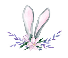 Watercolor illustration of rabbit ears. Rabbit with a spring bouquet. Perfect for invitations, greeting cards, posters