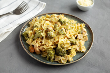 Homemade One-Pot Creamy Chicken and Broccoli Pasta on a Plate, side view.