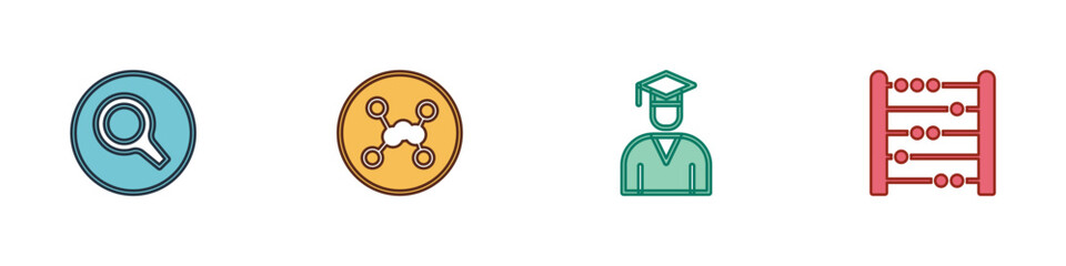 Set Magnifying glass, Chemical formula, Graduate and graduation cap and Abacus icon. Vector