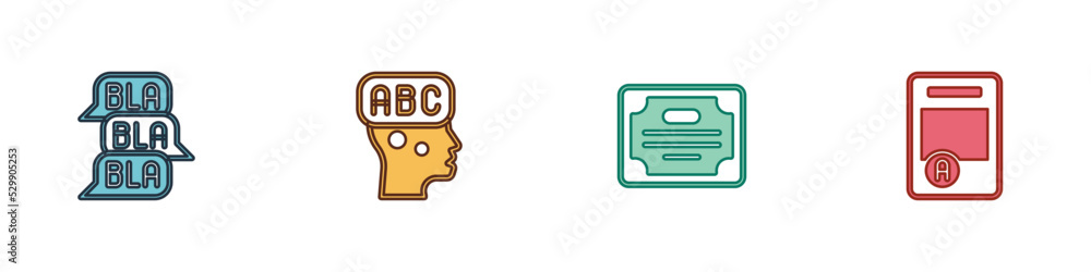 Poster set speech bubble chat, learning foreign languages, certificate template and exam sheet with a plus 