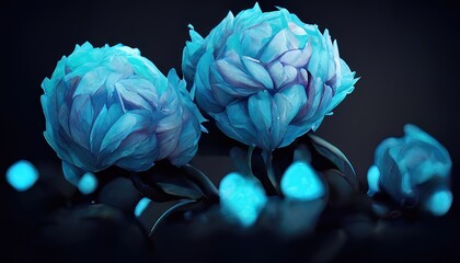 Beautiful neon peonies, spring flowers, art. Abstract floral neon background. Flowers close-up. 3D illustration
