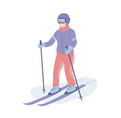 Female skier skiing on the snow. Winter sport, winter activity. Competition. Woman riding on the skies. Sportsman. Flat vector illustration.