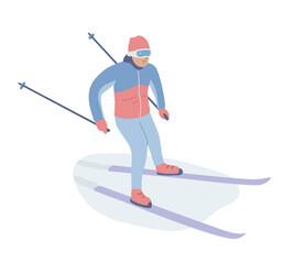 Male skier skiing on the snow. Winter sport, winter activity. Competition. Man riding on the skies. Flat vector illustration.