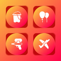 Set Sand in bucket, Balloons, Water gun and Toy plane icon. Vector