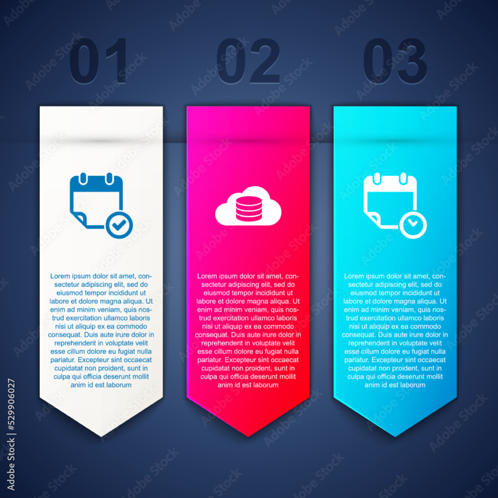Poster set calendar with check mark, cloud database and and clock. business infographic template. vector