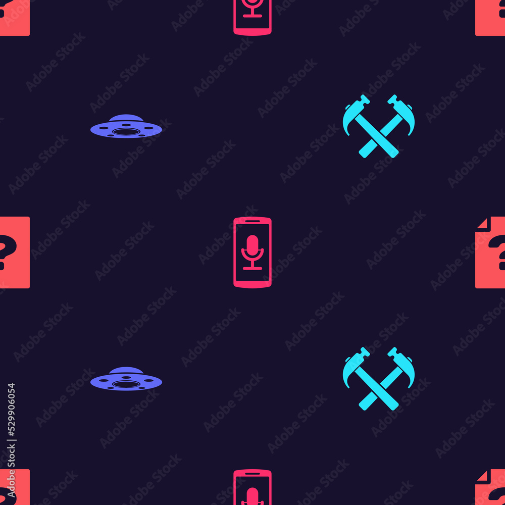 Poster set two crossed hammers, ufo flying spaceship, mobile recording and unknown document on seamless pat