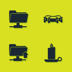 Set FTP folder, Burning candle in candlestick, upload and Cars icon. Vector