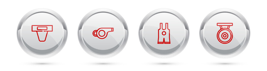 Set line Groin guard, Whistle, Wrestling singlet and Gong. Silver circle button. Vector