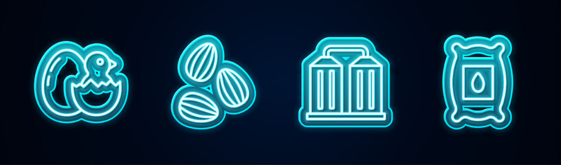Set line Little chick in cracked egg, Seeds, Granary and Pack full of seeds of plant. Glowing neon icon. Vector