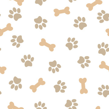Pet paw seamless pattern. Vector illustration with paw and bone on white  background. It can be used for wallpapers, wrapping, cards, patterns for clothes and other.