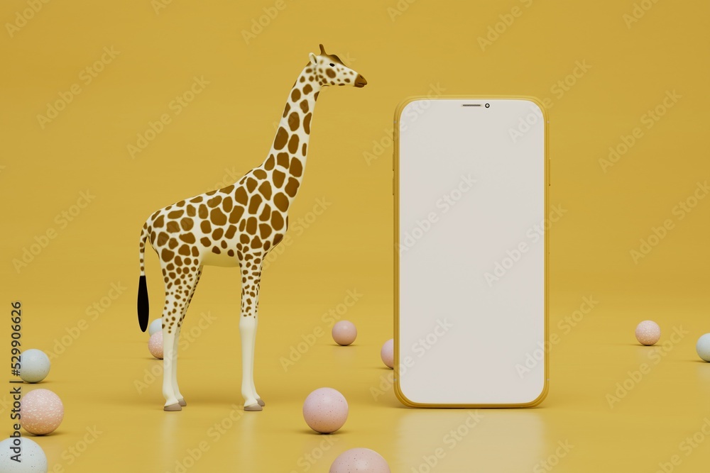 Poster giraffe with a smartphone on an abstract yellow background with colorful balloons. 3d render