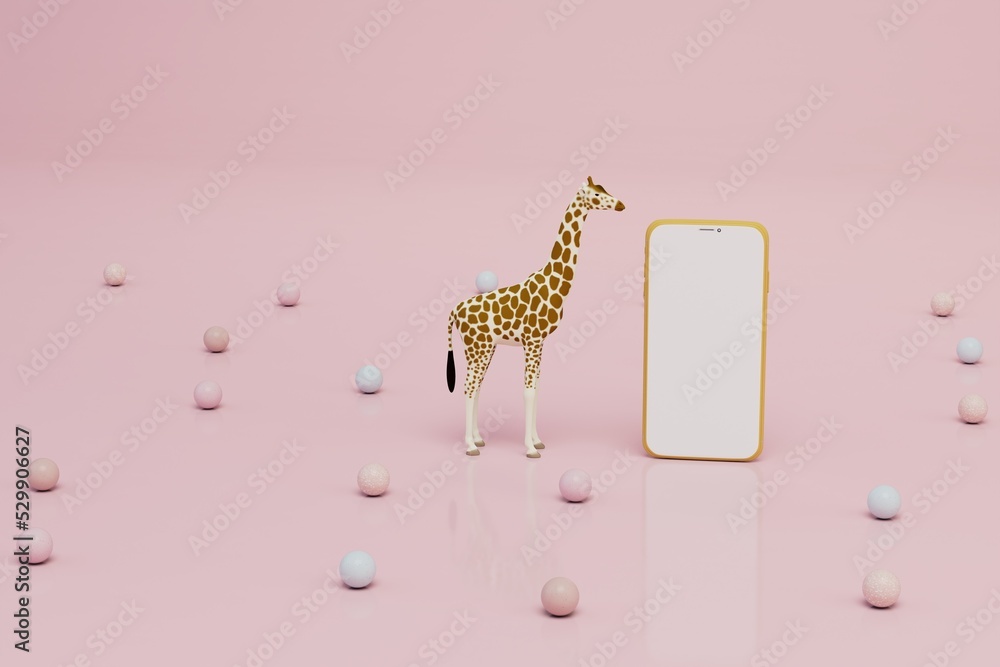 Poster giraffe with a smartphone on an abstract pink background with colorful balloons. 3d render