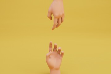 two hands reaching out to each other on a yellow background. 3d render