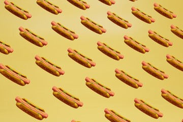 abstract background consisting of patterns of hot dogs on a yellow background. 3d render