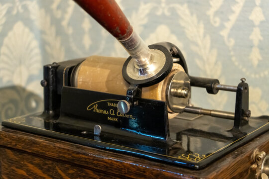 LIBEREC, CZECHIA, AUG 10 2022, The detailed look at the Phonograph of Thomas Edison