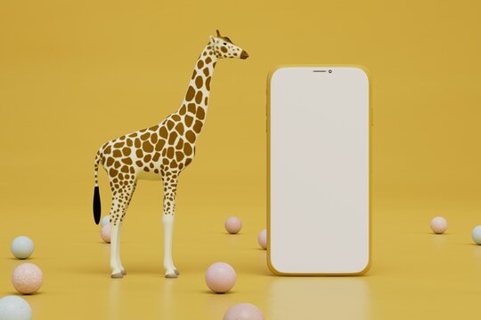 giraffe with a smartphone on an abstract yellow background with colorful balloons. 3d render
