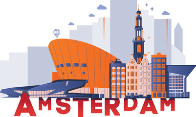 Typography word "Amsterdam" branding technology concept. Collection of flat vector web icons. Culture travel set, famous architectures and specialties detailed silhouette. European famous landmark.