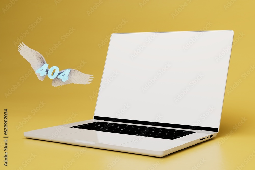 Aufkleber interrupted internet connection. 404 error with wings near laptop on yellow background. 3d render