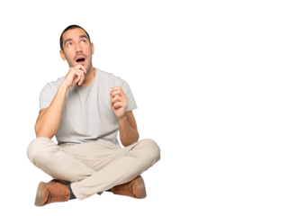 Happy young man looking up gesture