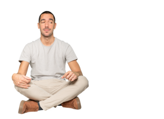 Hesitant young man looking up gesture