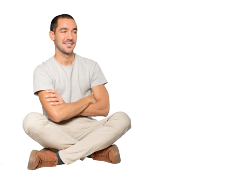 Serious young man looking up gesture