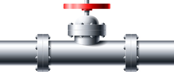 Metal pipeline with red valve 3d realistic style vector illustration
