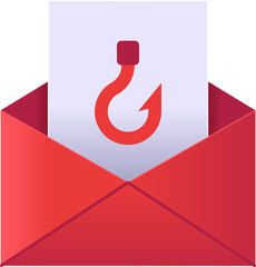 Dangerous phishing 3d email red envelope with attached file with hook sign vector illustration