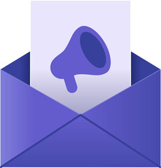Mailing advertising 3d email purple envelope with attached file with megaphone symbol vector illustration