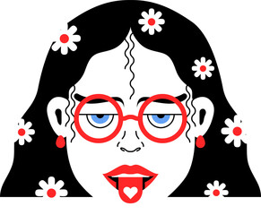 Hippie stylish girl in glasses with flowers in curly haircut and with heart on tongue vector illustration for beauty salon banner