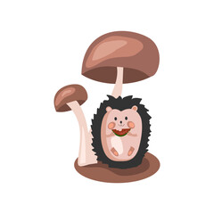 Cute hedgehog with watermelon. Vector illustration of a cartoon hedgehog sitting under mushrooms. Autumn illustration. White isolated background. The idea of a print for children's textiles.