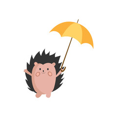 Vector illustration of a hedgehog with an umbrella. Hello, Autumn. Autumn illustration with hedgehog and umbrella. Cute illustration for postcards, children's textiles.