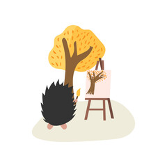 Vector illustration of a hedgehog that draws an autumn landscape. Bright autumn illustration. Hedgehog, tree, brush, easel. Cute illustration for postcards, children's textiles. Flat style.