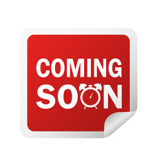 Red coming soon sticker on white background for promotion design. Vintage label. Round button. Vector icon.