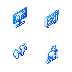 Set Isometric line Safe, Global economic crisis news, Broken piggy bank and Fire in burning house icon. Vector