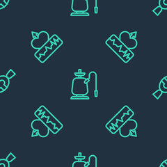 Set line Hookah, Heartbeat increase and Candy on seamless pattern. Vector