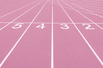Tuinposter Pink track and field lanes and numbers. Running lanes at a track and field athletic center. Horizontal sport theme poster, greeting cards, headers, website and app © Augustas Cetkauskas