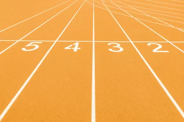 Deurstickers Yellow track and field lanes and numbers. Running lanes at a track and field athletic center. Horizontal sport theme poster, greeting cards, headers, website and app © Augustas Cetkauskas