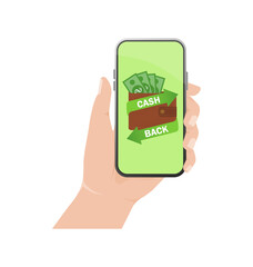 Cashback concept with holding smartphone hand. Mobile internet technology vector illustration. Concept banner.
