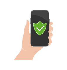 Green smartphone protection with hand isolated on white background. Mobile app interface. Hand holding smartphone. Phone display. Data secure.