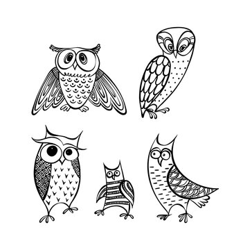 Cartoon owls set, vector black and white illustration