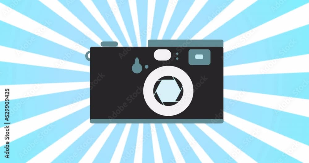 Poster animation motion loop design of an old retro hipster photo camera from the 90s, 80s, 70s against the