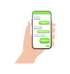 Chat screen with hand. Text message. Green chat bubble. Smartphone screen.