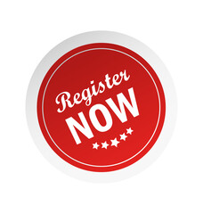 Register now sticker for banner design. Modern promotion template. Sale website banner.