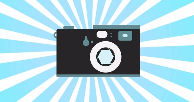 Animation motion loop design of an old retro hipster photo camera from the 90s, 80s, 70s against the background of the effect of blue abstract sun rays in high resolution 4k