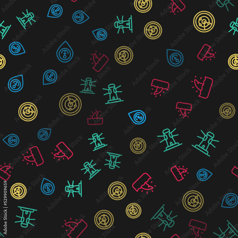 Poster set line location with anchor, lighthouse, radar targets and shark fin in ocean wave on seamless pat