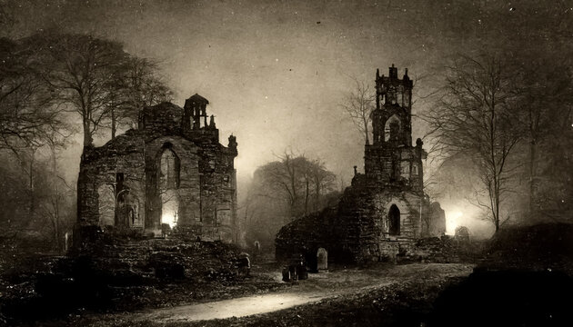 Old photo with creepy cemetery and abandoned church ruins. Mystic gloomy scene. 3D illustration.