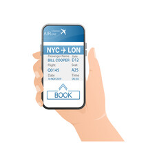 Airline tickets online with hands and smartphone in flat style. Isolated vector illustration.