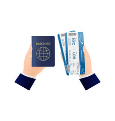 Airline tickets, great design for any purposes. Hands with passport and airline tickets. Vector illustration.