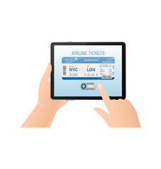 Airline tickets online with hands and tablet in flat style. Isolated vector illustration.